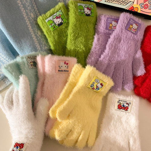 可爱kitty猫毛绒针织分指手套