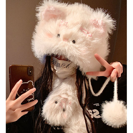 可爱发夹猫咪毛绒帽子女秋冬季加厚保暖防寒护耳雷锋帽护颈围脖