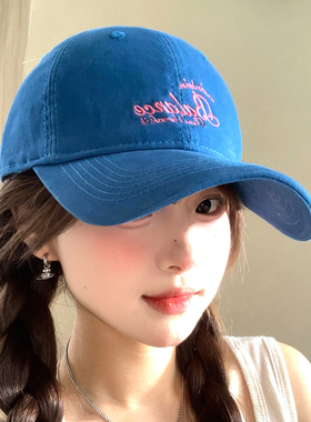 韩系字母刺绣蓝色棒球帽女大头围百搭显脸小宽檐遮阳防晒鸭舌帽子