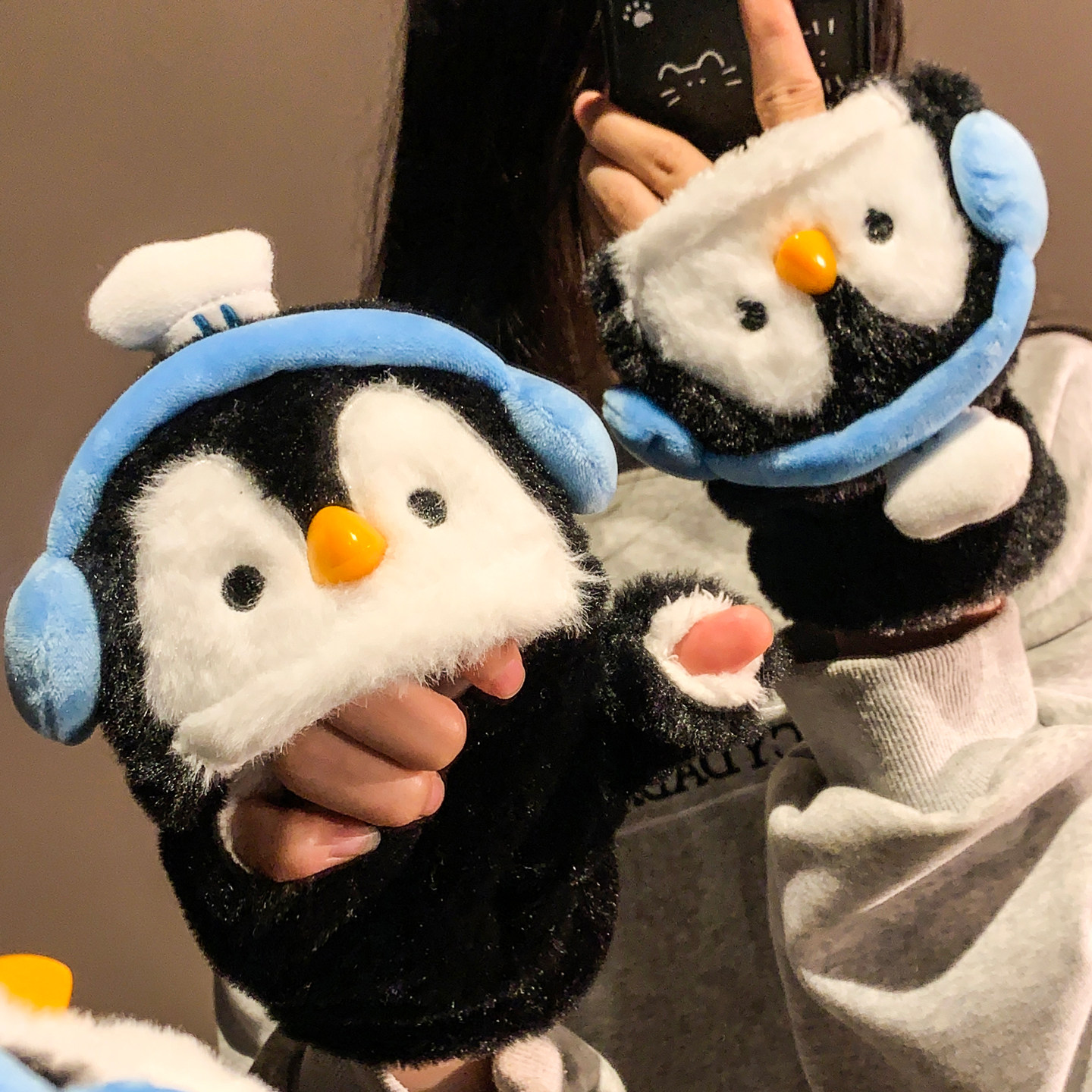 可爱小企鹅毛绒翻盖半指手套女冬季保暖加绒加厚骑行防寒学生露指,服饰配件/皮带/帽子/围巾,手套,淘宝优惠券,粉丝福利购,淘宝优惠卷