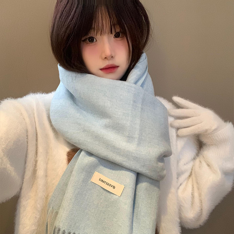 韩系氛围感蓝色围巾女秋冬季保暖