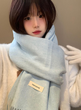 韩系氛围感蓝色针织围巾女2025年秋冬季百搭加厚保暖学生围脖披肩