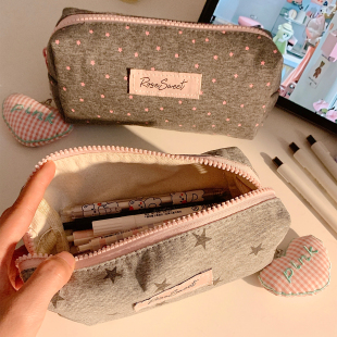 韩系ins风灰色星星笔袋高颜值便携大容量学生初中女生文具铅笔盒