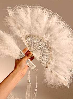 新中式白色羽毛蕾丝折叠扇子夏天国风古风汉服旗袍舞蹈扇便携随身