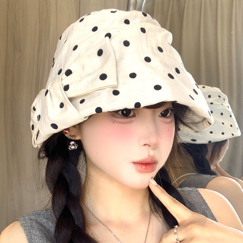 甜美波点蝴蝶结渔夫帽薄款显脸小