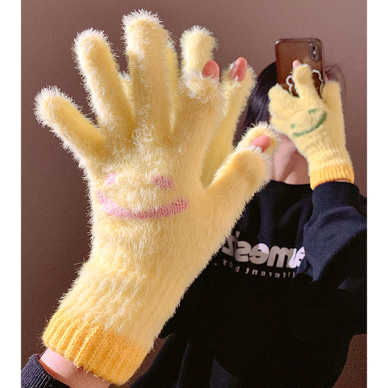可爱黄色毛绒针织五指可触屏手套