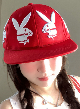 美式嘻哈兔子平沿棒球帽夏季女显脸小宽檐大头围遮阳防晒鸭舌帽子