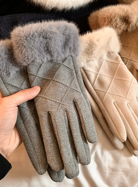 高品质德绒气质灰色毛绒分指手套女秋冬加绒加厚防寒保暖2025新款