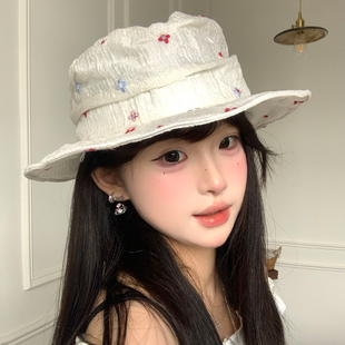 韩系刺绣彩色花朵褶皱渔夫帽女夏薄款遮阳防晒帽百搭显脸小盆帽子