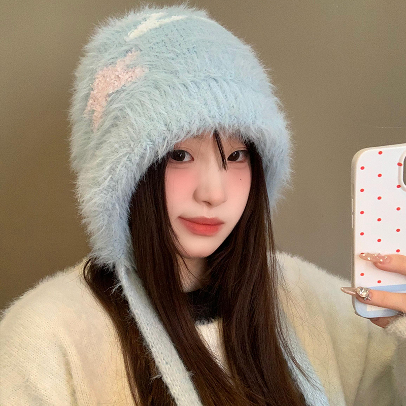 星星蓝色毛绒护耳帽子女秋冬季