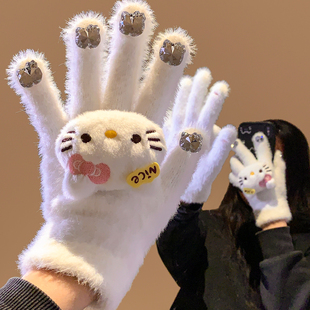 可爱白色毛绒猫咪水钻手套女生冬季加厚保暖骑行防寒露指可触屏