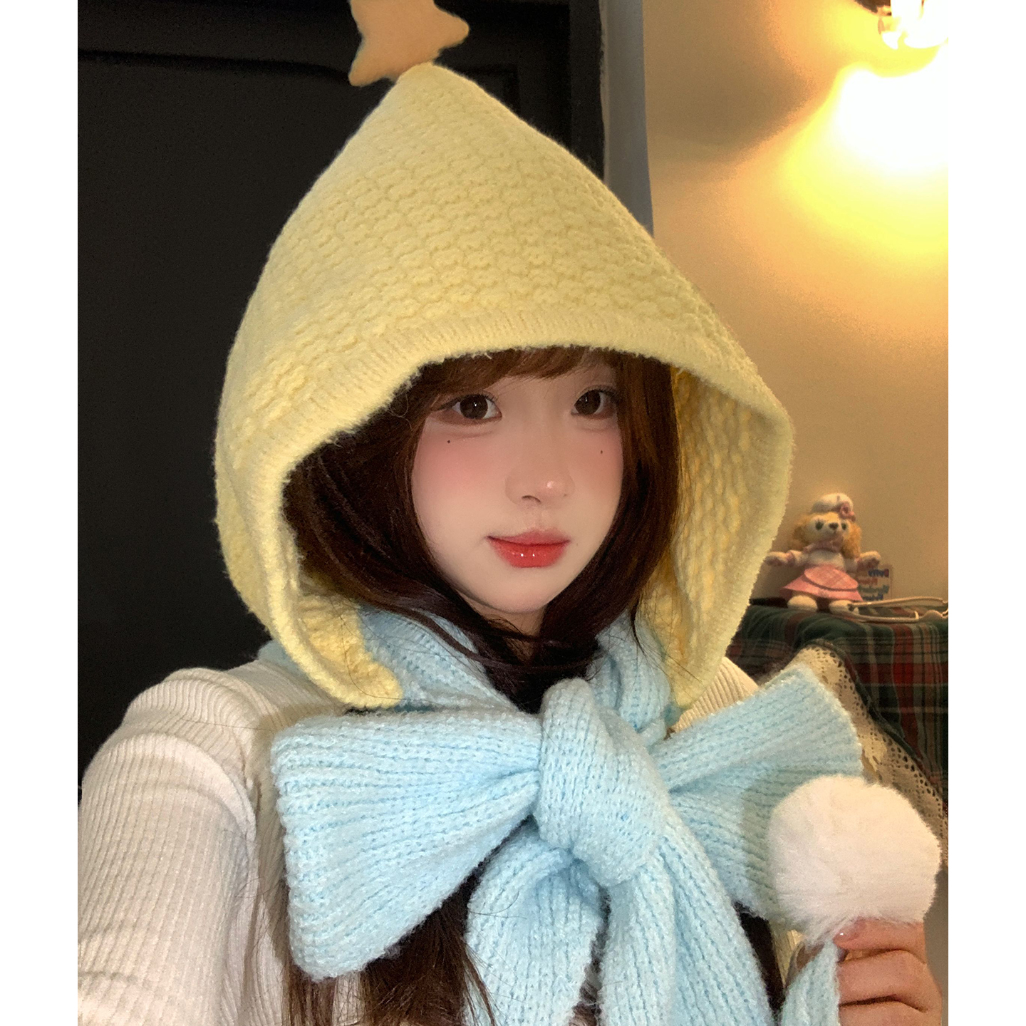 黄色星星针织毛线帽子围巾一体女冬可爱巴拉克拉法帽保暖连帽围脖