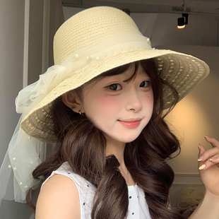 法式 氛围感海边沙滩度假风遮阳防晒帽子 蕾丝珍珠镂空草帽女春夏季