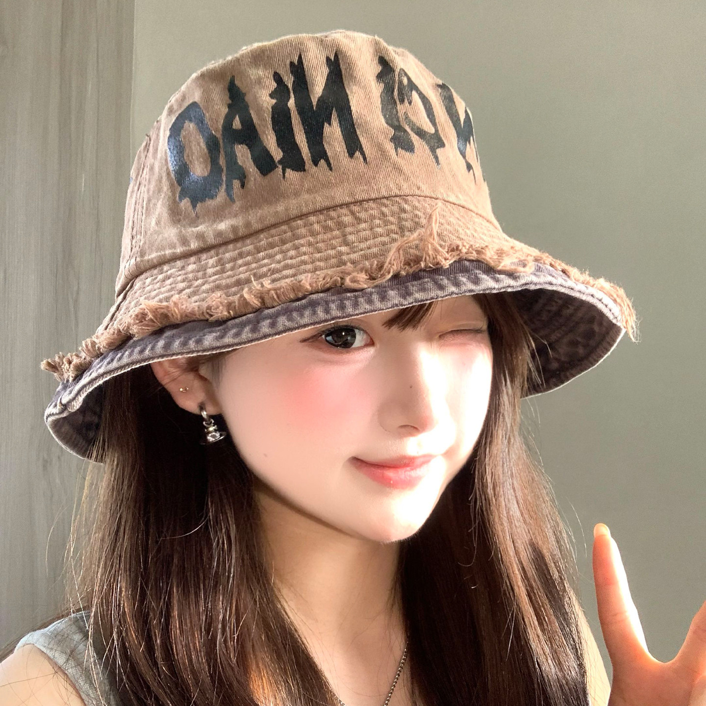 美式复古字母双层拉毛做旧牛仔渔夫帽女显脸小遮阳防晒水桶帽子潮