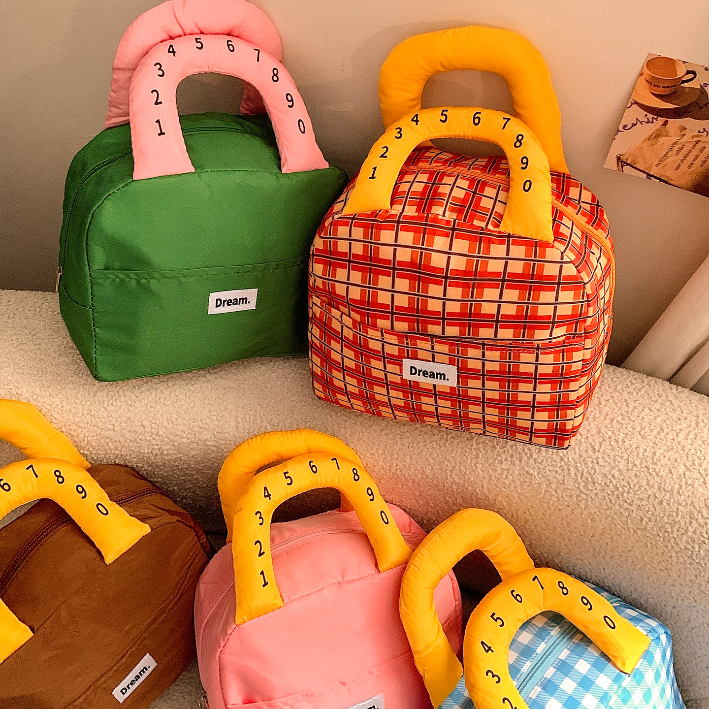 手提加厚格纹饭盒袋便当包保温