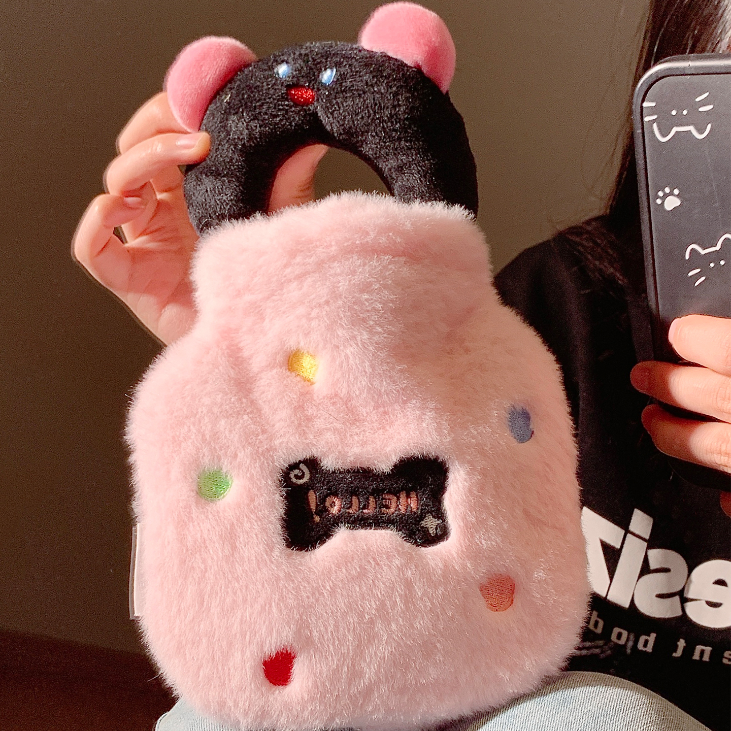 可爱粉色猫咪手提毛绒热水袋