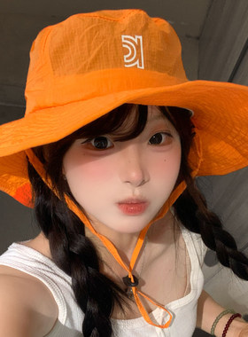 大帽檐户外速干橙色渔夫帽女夏季