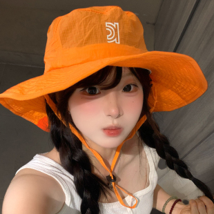 大帽檐户外速干橙色渔夫帽女夏季薄款透气出游徒步登山遮阳防晒帽
