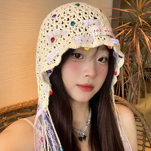 民族风帽子 波西米亚蕾丝彩色珠子流苏编织针织包头帽女夏镂空薄款