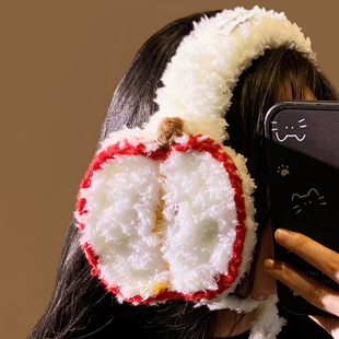 可爱苹果绑带毛绒针织耳罩女冬季加厚保暖防寒防风护耳朵耳套耳捂