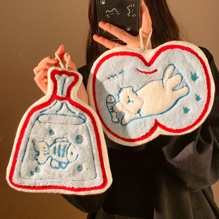 可爱猫咪小鱼挂式 擦手巾超强吸水毛巾卫生间加厚手帕儿童厨房抹布