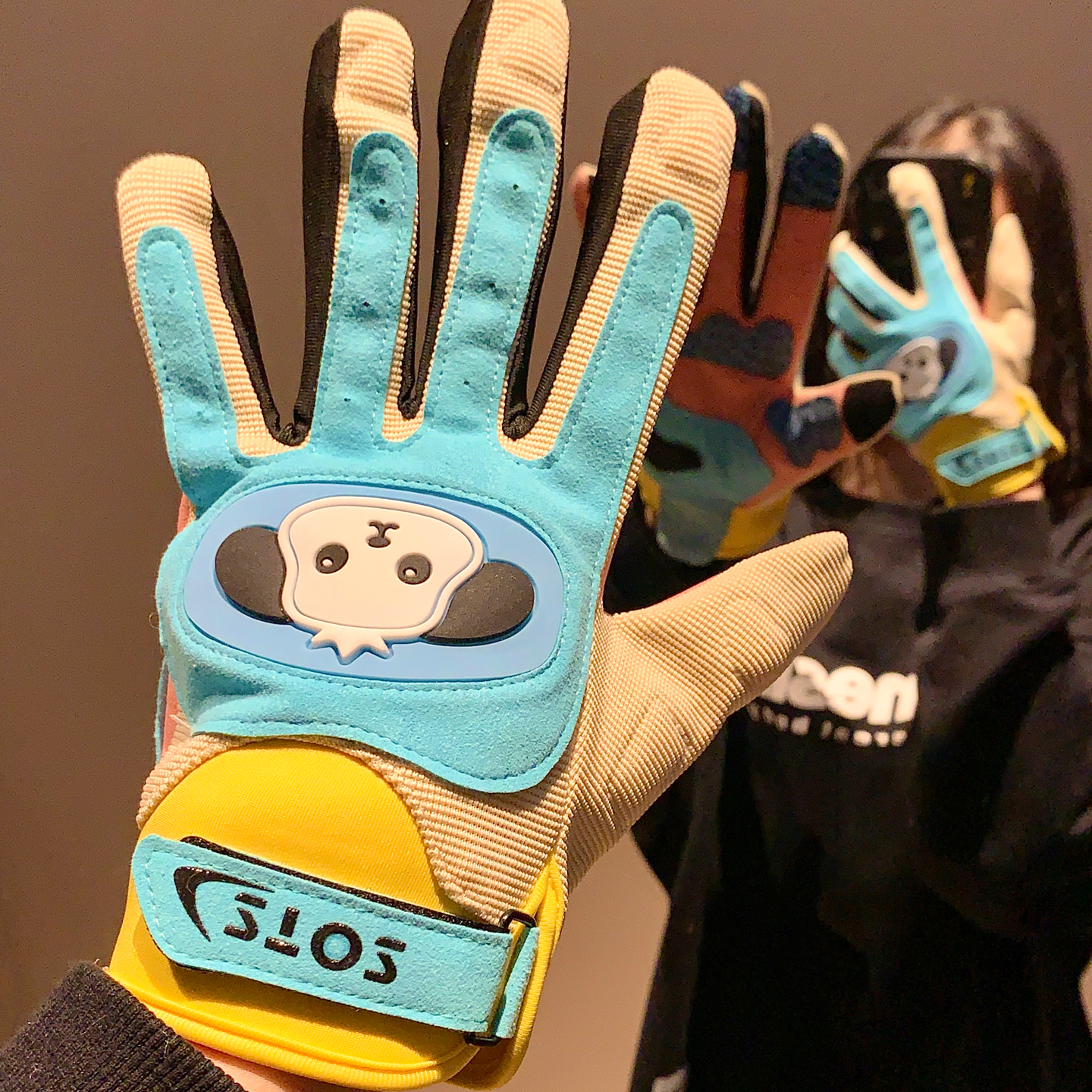 可爱蓝色小狗骑行摩托车五指手套女秋冬保暖骑电动车防风防滑触屏