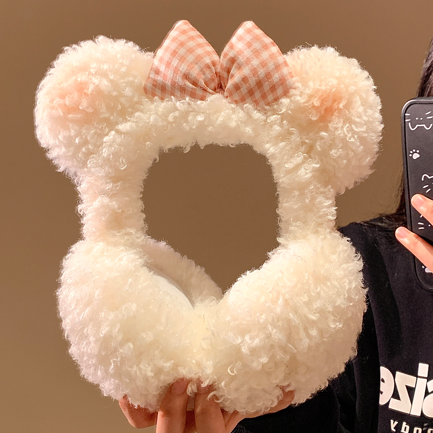 可爱蝴蝶结小熊耳朵羊羔毛绒耳罩