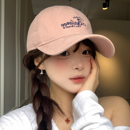 韩系粉色刺绣棒球帽女大头围显脸小宽帽檐百搭遮阳鸭舌帽子y2k潮