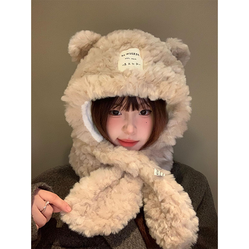 可爱小熊毛绒帽子围巾一体女秋冬