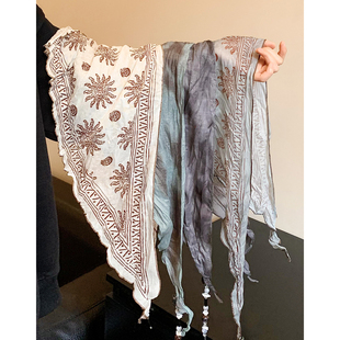 复古扎染三角巾丝巾女春夏薄款 洋气小方巾 系脖高级感长条头巾时尚