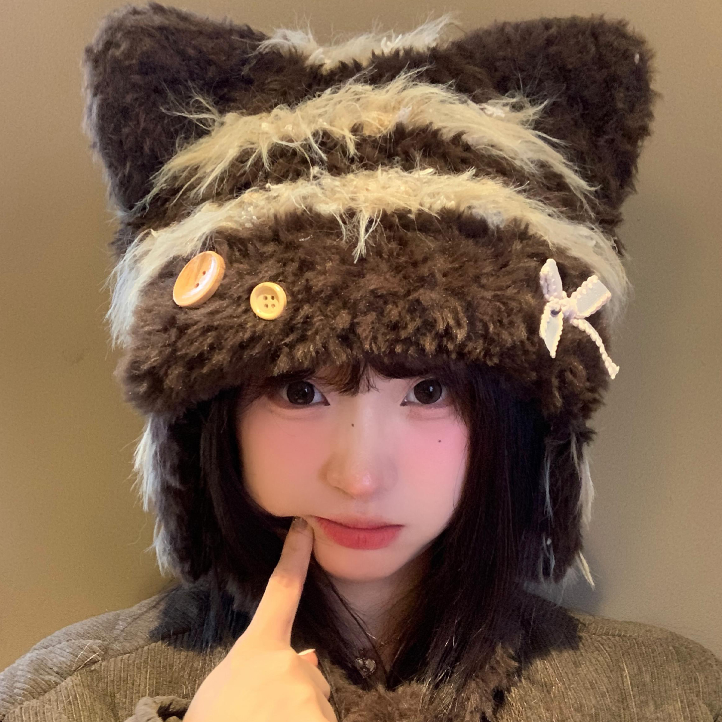 可爱猫耳朵毛绒针织帽子女冬保暖