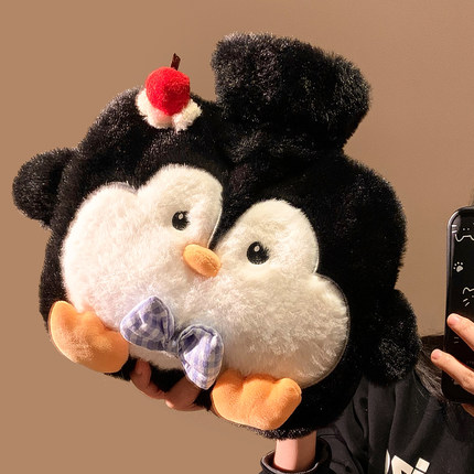 可爱黑色企鹅注水可插手热水袋加厚暖水袋防爆被窝暖手暖宝宝大号