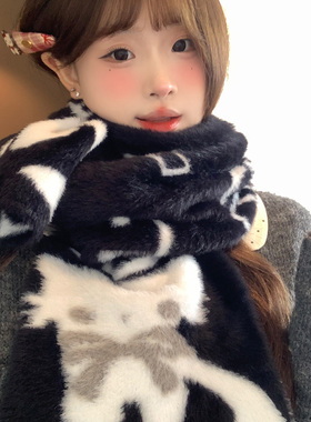 可爱猫咪黑色毛绒围巾女冬2025新款加厚保暖百搭防寒护颈围脖学生