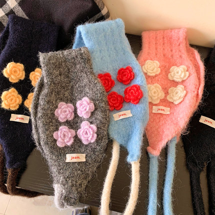 韩系手工钩织立体花朵系带耳罩女冬季加厚骑行防寒保暖耳套耳捂子