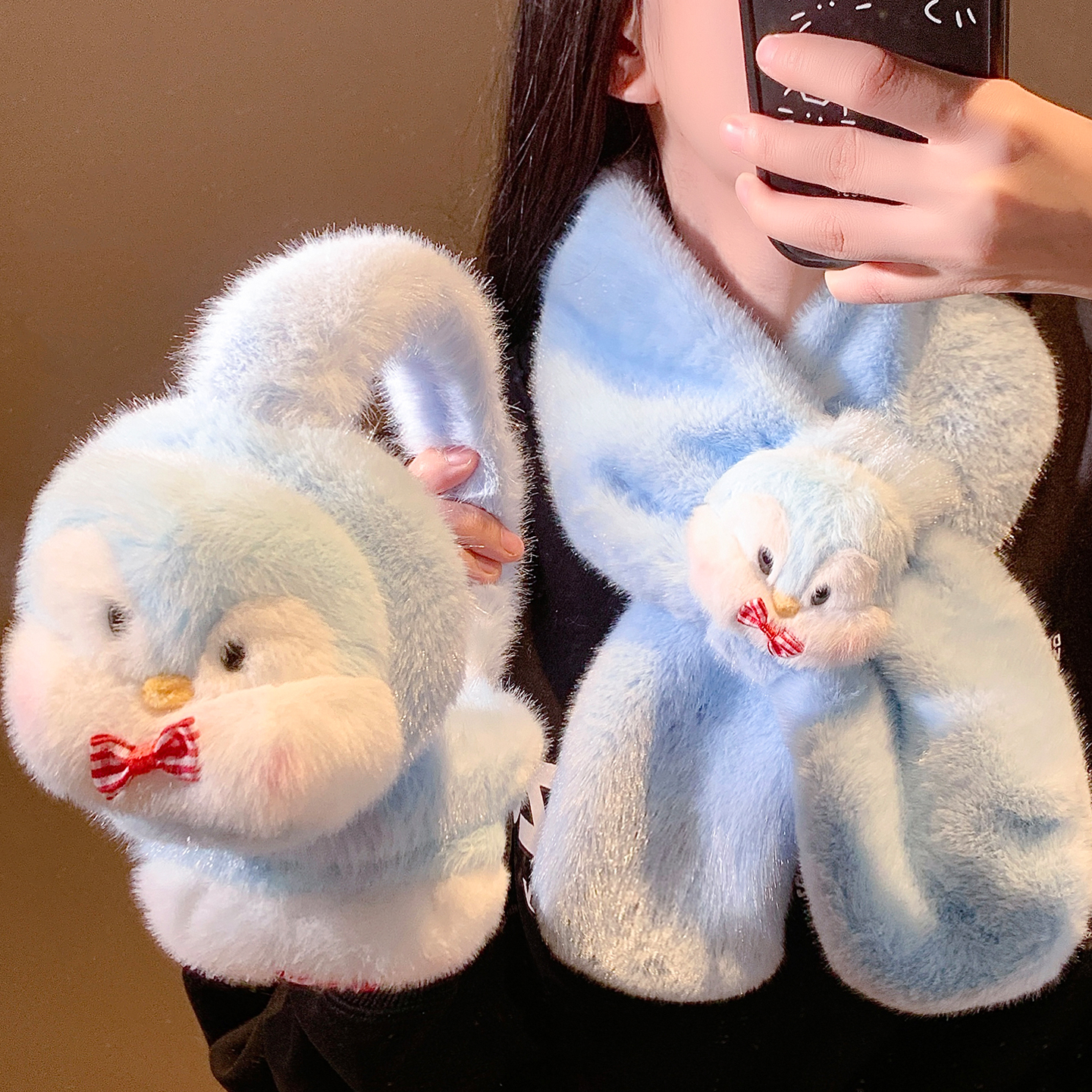 可爱企鹅毛绒围巾女冬季保暖