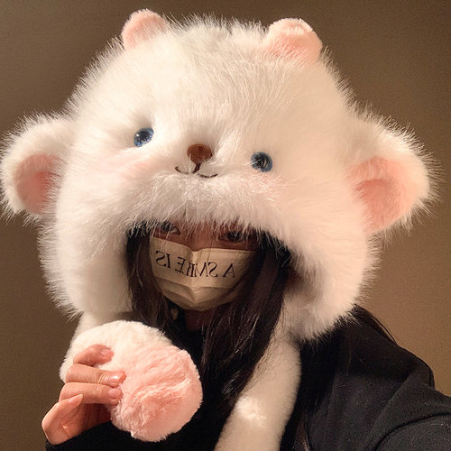 耳朵会动的小羊毛绒帽子女冬季