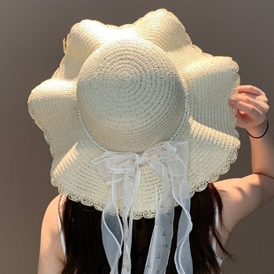 蕾丝蝴蝶结草帽女春夏大帽檐海边沙滩度假遮阳防晒帽子太阳帽 法式
