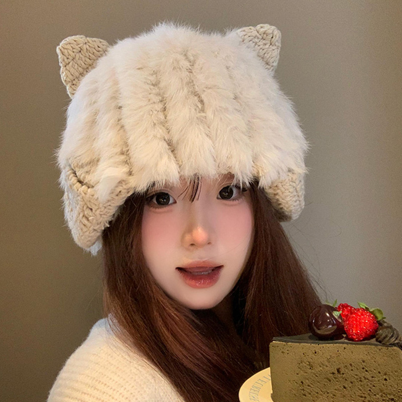 可爱猫耳朵兔毛帽子女秋冬季保暖