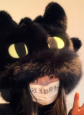 可爱黑色毛绒绒帽子女秋冬季加绒加厚保暖骑行护耳雷锋帽2025新款