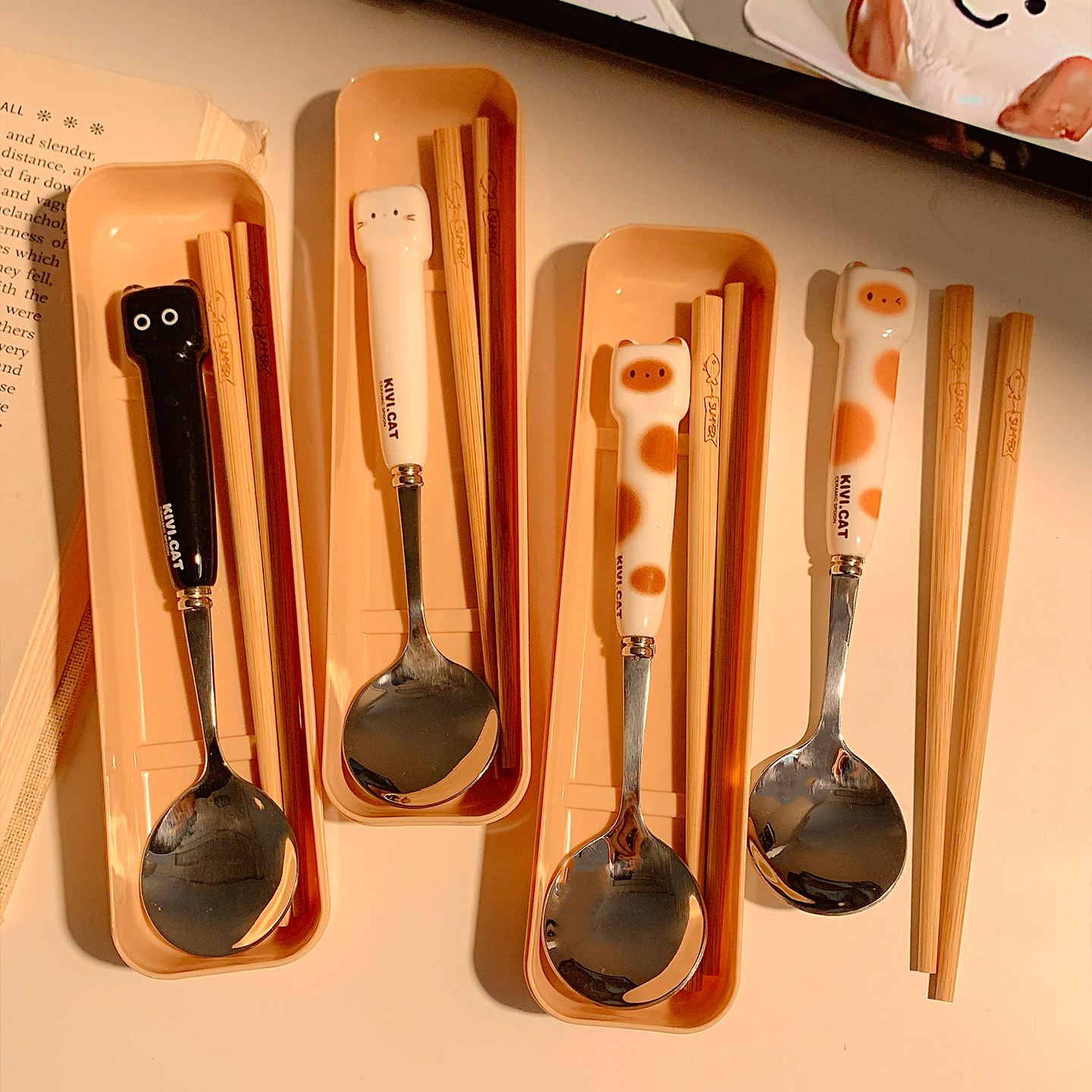 可爱方脸猫筷子勺子套装学生餐具