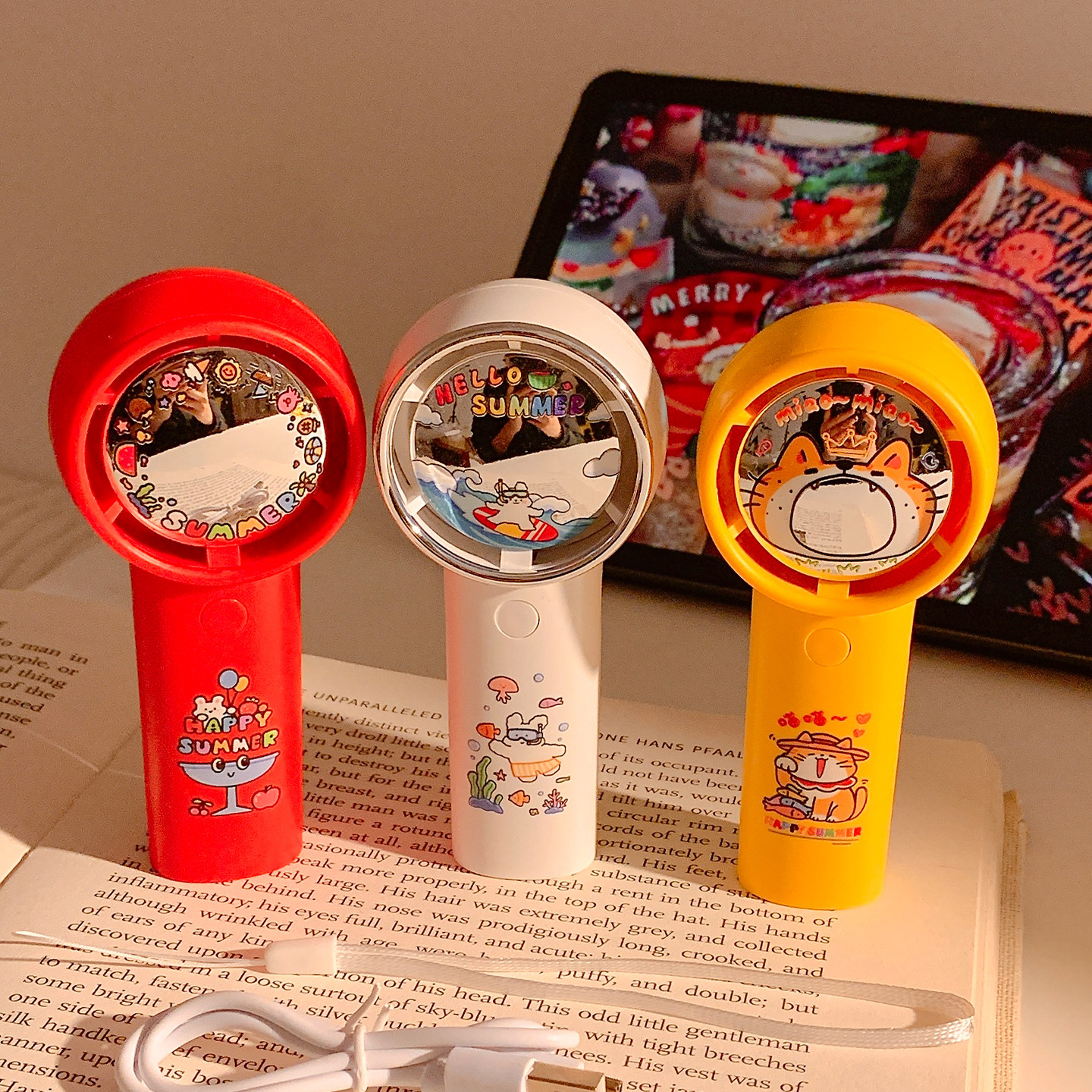 可爱嘻哈镜涡轮手持充电小风扇夏便携式随身迷你桌面可立USB风扇