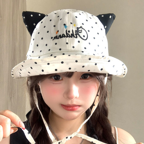 可爱波点猫耳朵渔夫帽女夏季