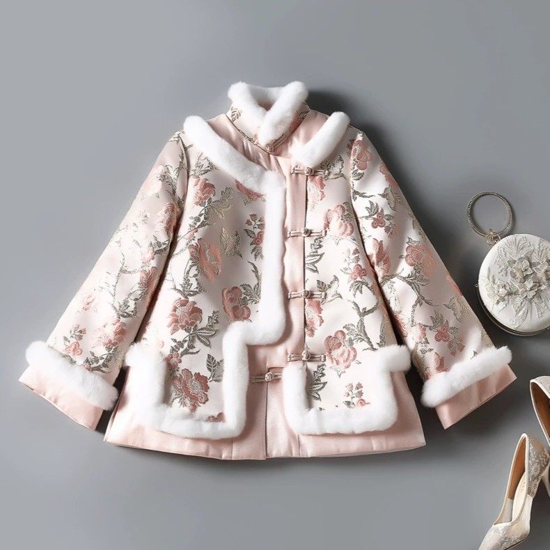 金玉良缘 织锦提花兔毛立领盘扣改良旗袍夹棉短上衣zsm210502