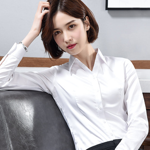 OL白色衬衫 秋冬工装 女V领长袖 工作服棉新款 打底衬衣 职业正装 G200