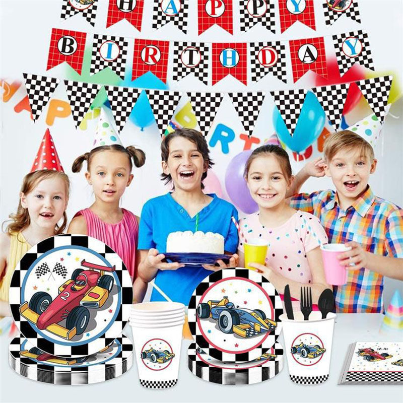 赛车主题儿童生日派对一次性餐具黑白汽车宴会一次性餐具纸杯纸盘