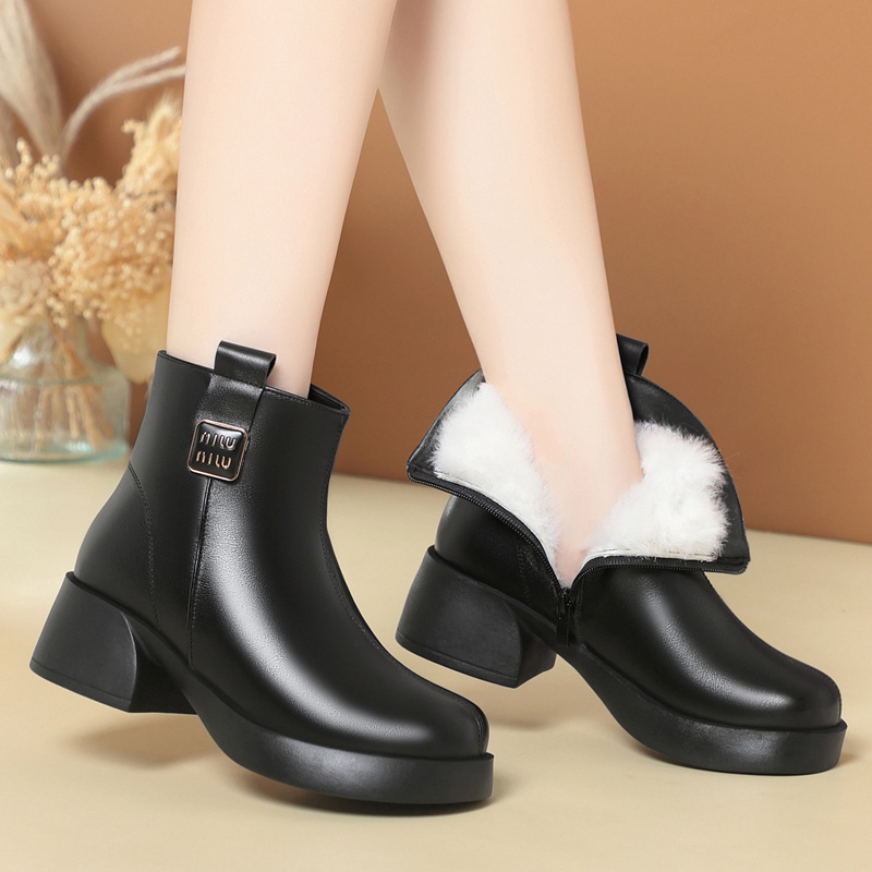 2025真皮真皮妈妈棉鞋女鞋冬加绒皮鞋高跟短靴女士厚底靴子羊毛女