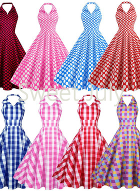 原创复古波点格子挂脖连衣裙性感露背女神港风派对表演出服夏女装