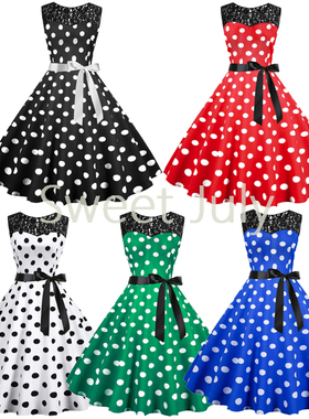 原创80年代感复古蕾丝拼接波点收腰大摆垂感无袖背心裙子夏连衣裙