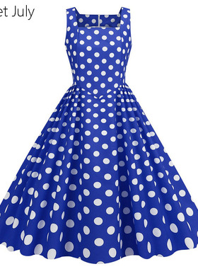 原创波点无袖背心裙子收腰大摆中长复古港风表演出服微胖连衣裙夏