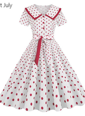 原创50年代怀旧复古波点港风短袖翻领收腰绑带显瘦气质大摆连衣裙